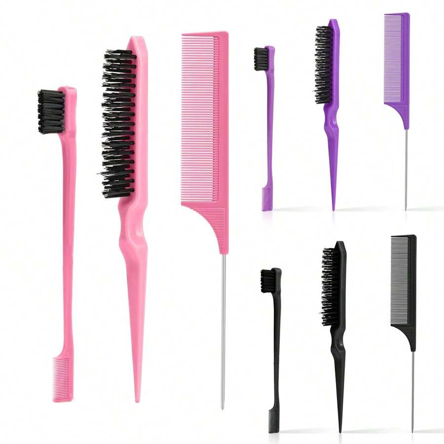 3 pièces Ensemble de brosses à cheveux pour coiffure lissée avec brosse de contour, brosse à poils, peigne queue de rat, ensemble de brosses à effiler pour lisser les petits cheveux et les cheveux rebelles (rose/noir/violet), brosse à cheveux, peigne, outils capillaires, produits et accessoires capillaires pour salon de coiffure, essentiels de voyage, rentrée scolaire, accessoires de voyage, accessoires capillaires pour femmes