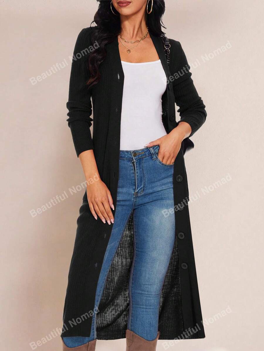 Beautiful Nomad Solid Longline Dual Pocket Button Front Cardigan