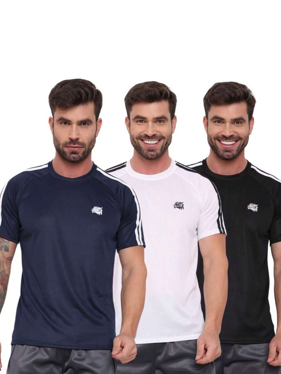Kit 3 Camisetas Camisas Manga Curta Gola Redondo Lisa Basico Simples Stripe Preto-branco Todos os Cores Gola Redonda Dry-Fitness Respiravel Academia Casual Para Homem