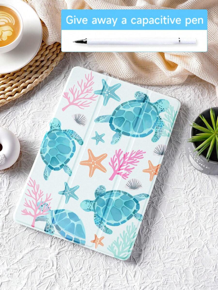 Apple 1pc Green Sea Turtle, Ocean Element Patterned Tablet Protective Case, Anti-Drop, With Pen Slot, Support Sleep/Wake, Compatible With Samsung, And IPad