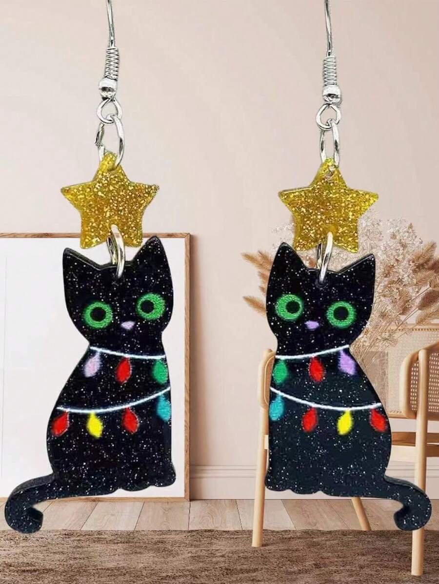 1 Paar asymmetrische schwarz-weiße Katzen Ohrringe, süße Tränenform Quaste Ohrringe, vielseitiges einzigartiges Design für Frauen