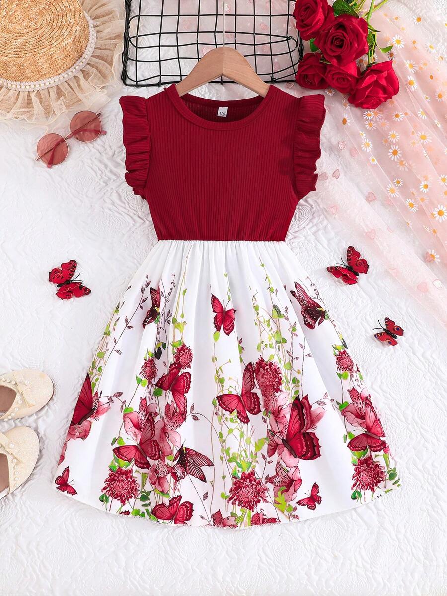 Vestido casual de verano para niñas preadolescentes, con manga acampanada elegante, tejido acanalado, parche y estampado floral