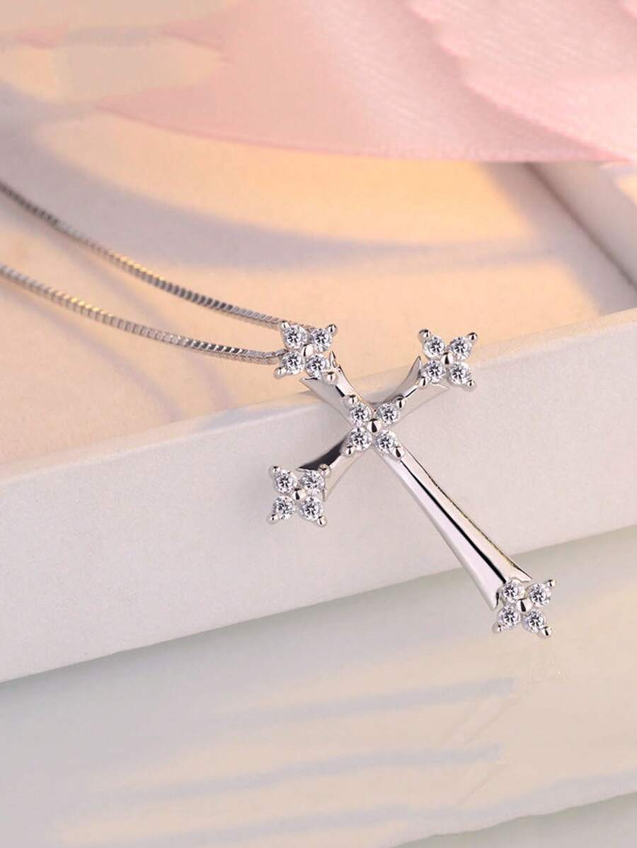 1 Pc Branco Zircônia Incrustada Cruz Pingente Colar, 925 Prata Estiloso Jóia Pingente Presente Para Mulheres Aniversário