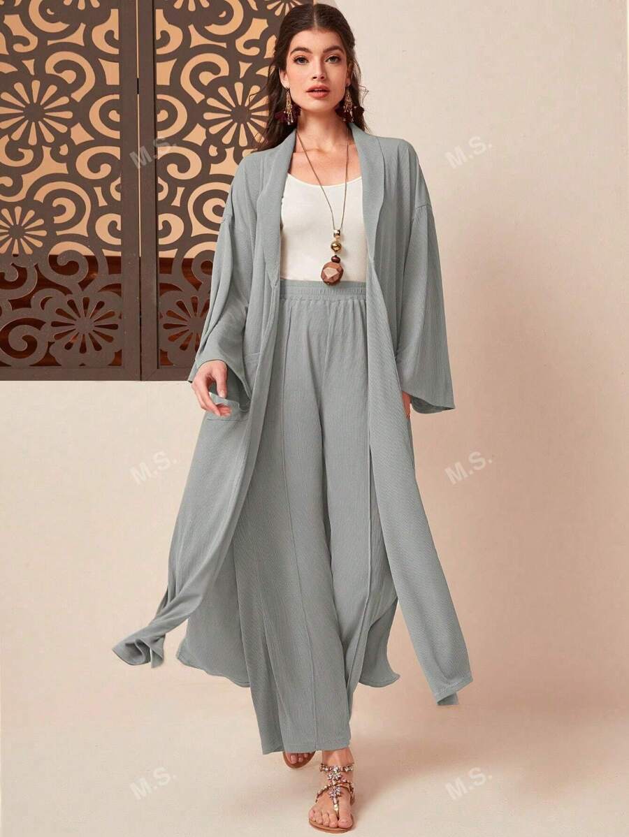 Solid Zip-Up Jacket & Wide-Leg Pants Set - Casual Collared Long Sleeve Solid Color With Slight Stretch