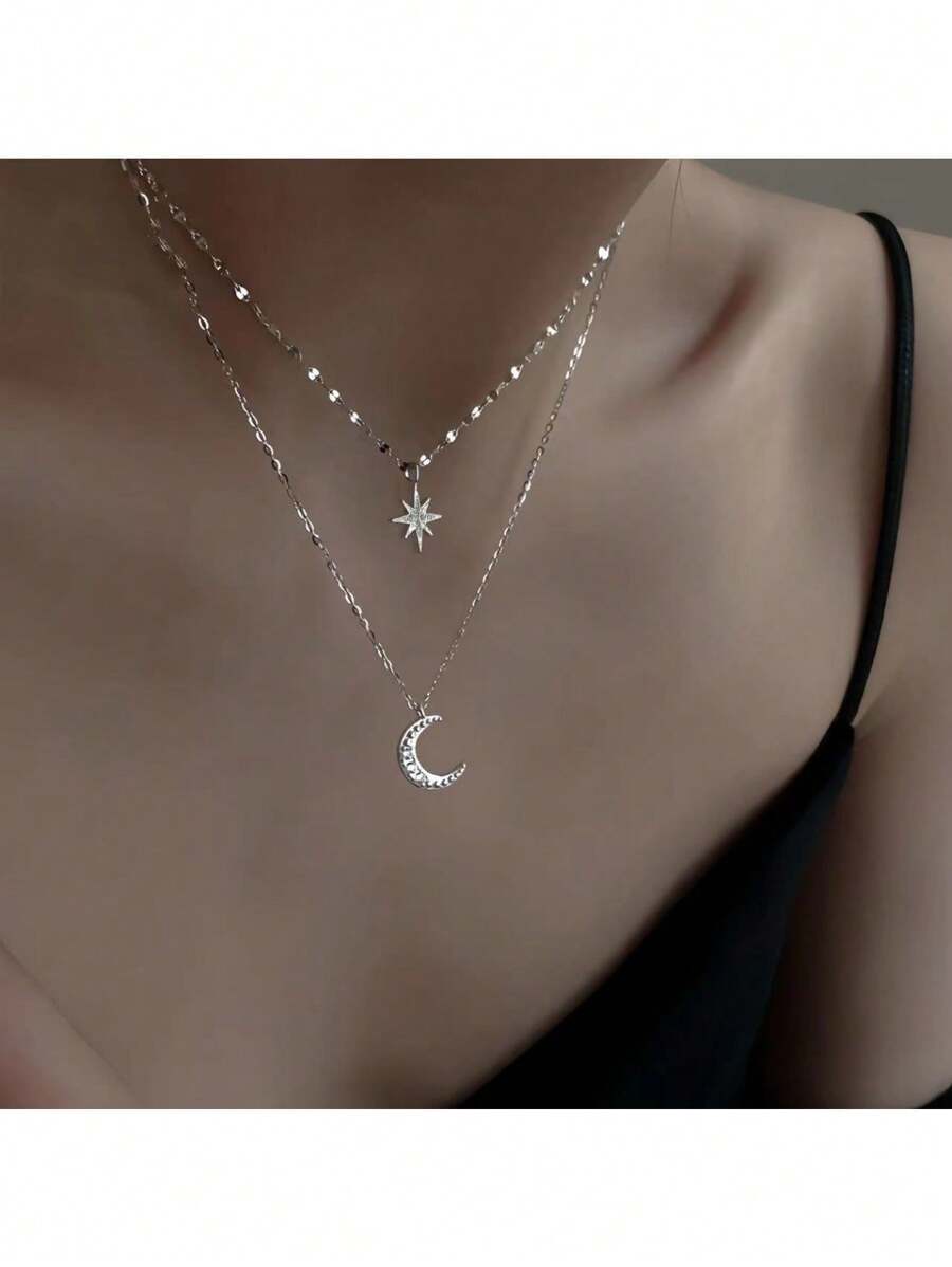 1 pieza Collar con colgante de estrellas y lunas de doble capa de CZ de plata 925 para mujer con cadena elegante, regalo de joyería exquisita y elegante