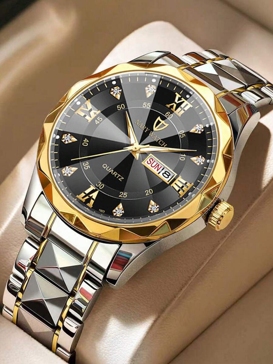 NARY 1pc Men Casual Quartz Wristwatch, Stainless Steel Band, Water Resistant, Calendar Function, Suitable For Daily Wear And Gift
