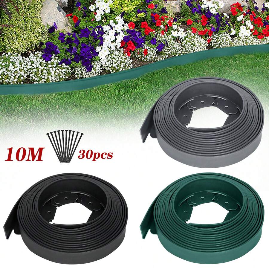 VA-Cerulean 10m perkenborder maairand flexibele bloembedborder kunststof gazonrand zwart/grijs/groen tuinborderset met grondanker tuinbeddenborders