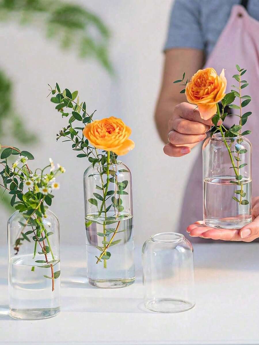 1pc helder glas bloemenvaas met rechte hals, kleine/middelgrote/grote glazen vaas, rozenbloemhouder, woondecoratie, kantoordecoratie, slaapkamerdecoratie