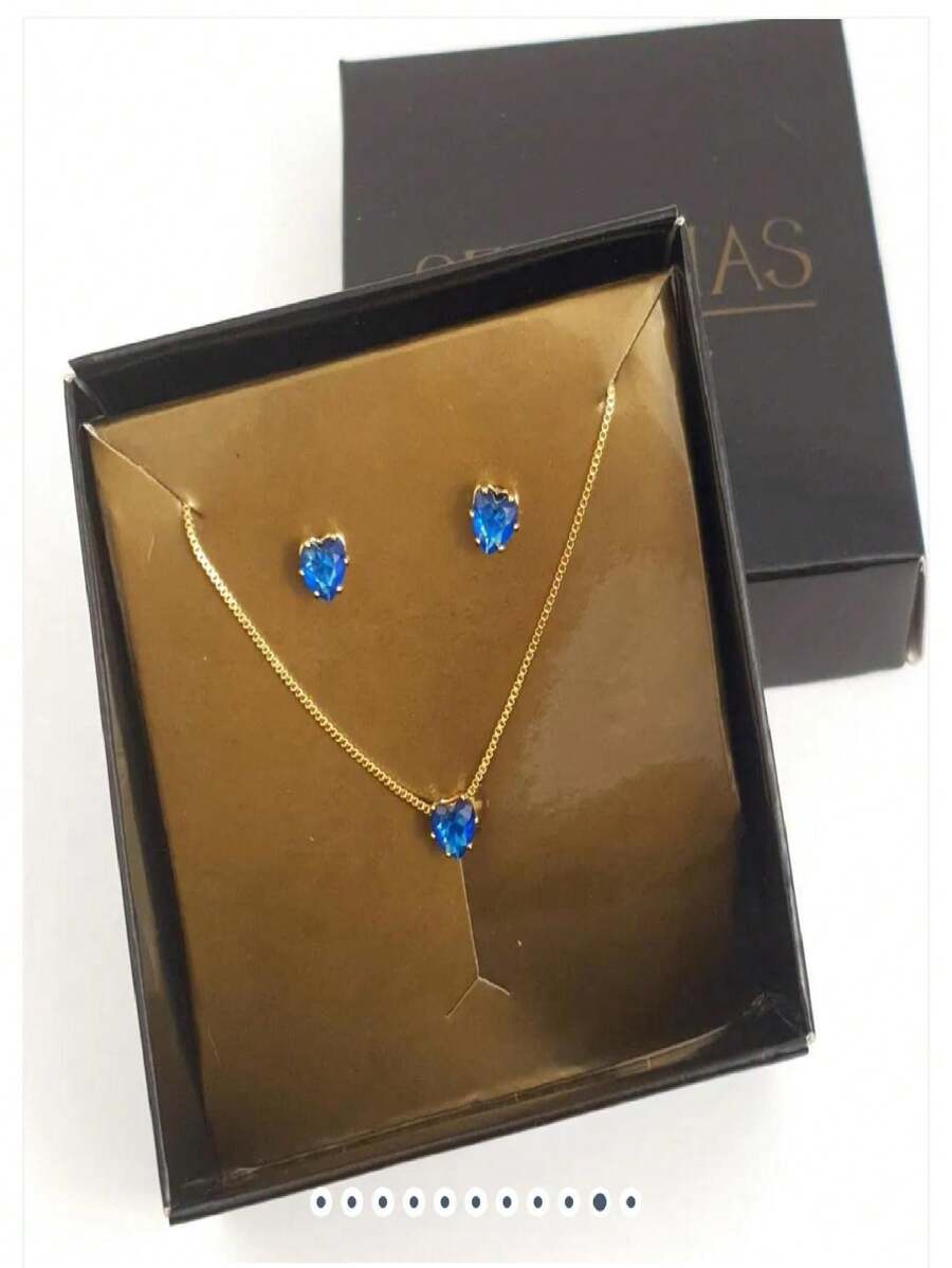 CONJUNTO CORAÇÃO COM ZIRCÔNIAS FOLHEADO A PRATA 1000 + CAIXA
