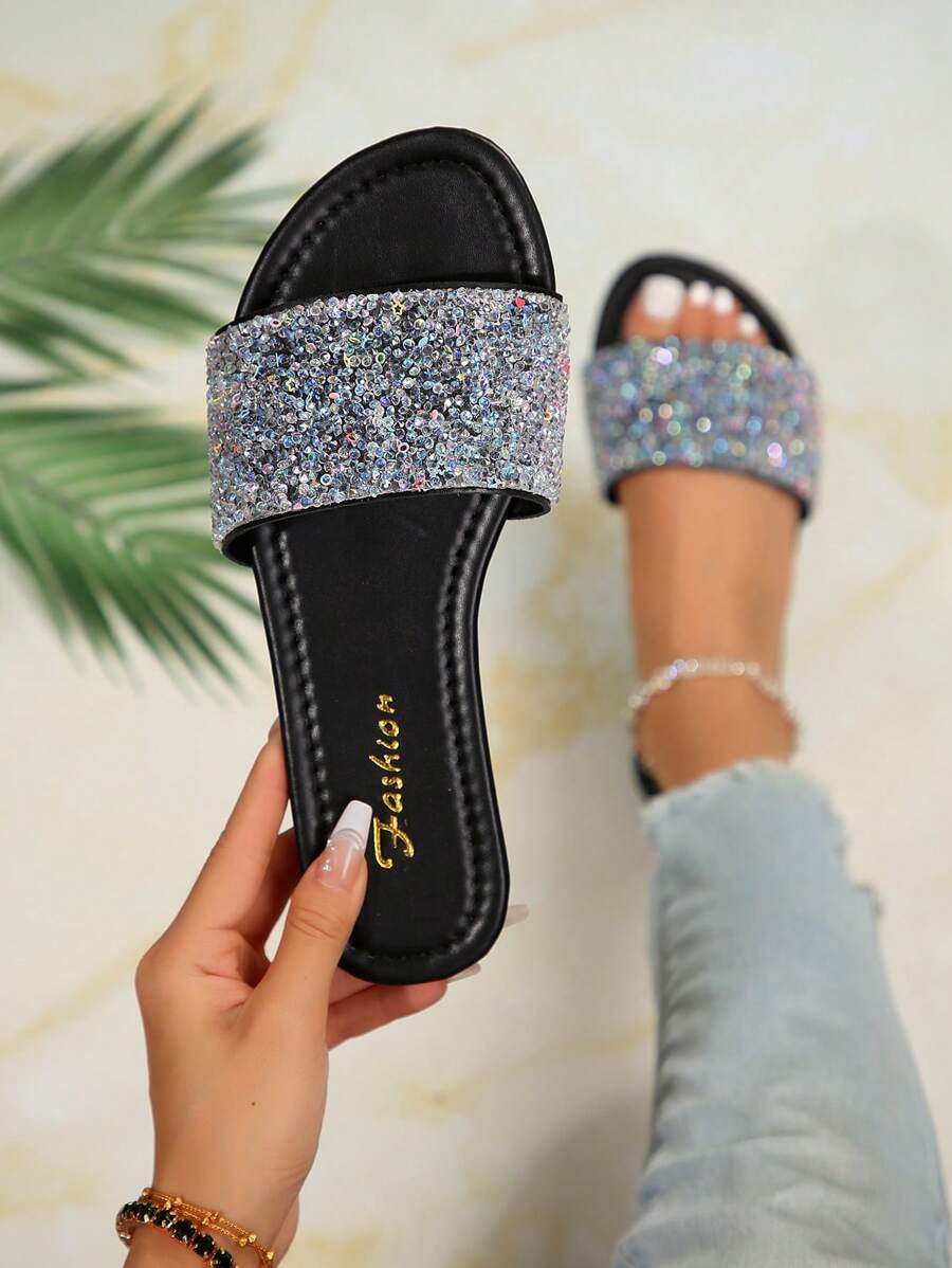 Sandales plates d'été pour femmes, glissières à talon bas avec décorations de strass sur le bout rond, confortables, chaussures mules à enfiler. Sandales décontractées marron, sandales élégantes pour vacances en bleu
