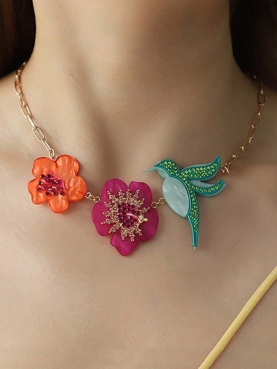 1pc Floral & Bird Design Acrylic & Alloy Rhinestone Necklace