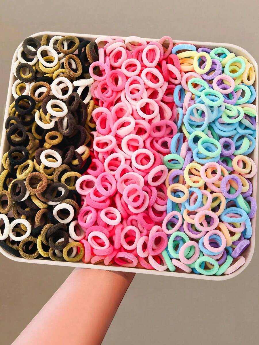300 piezas/set Gomas de pelo elásticas simples en tonos rosado y caqui para niñas, atadores de pelo y diademas para uso diario