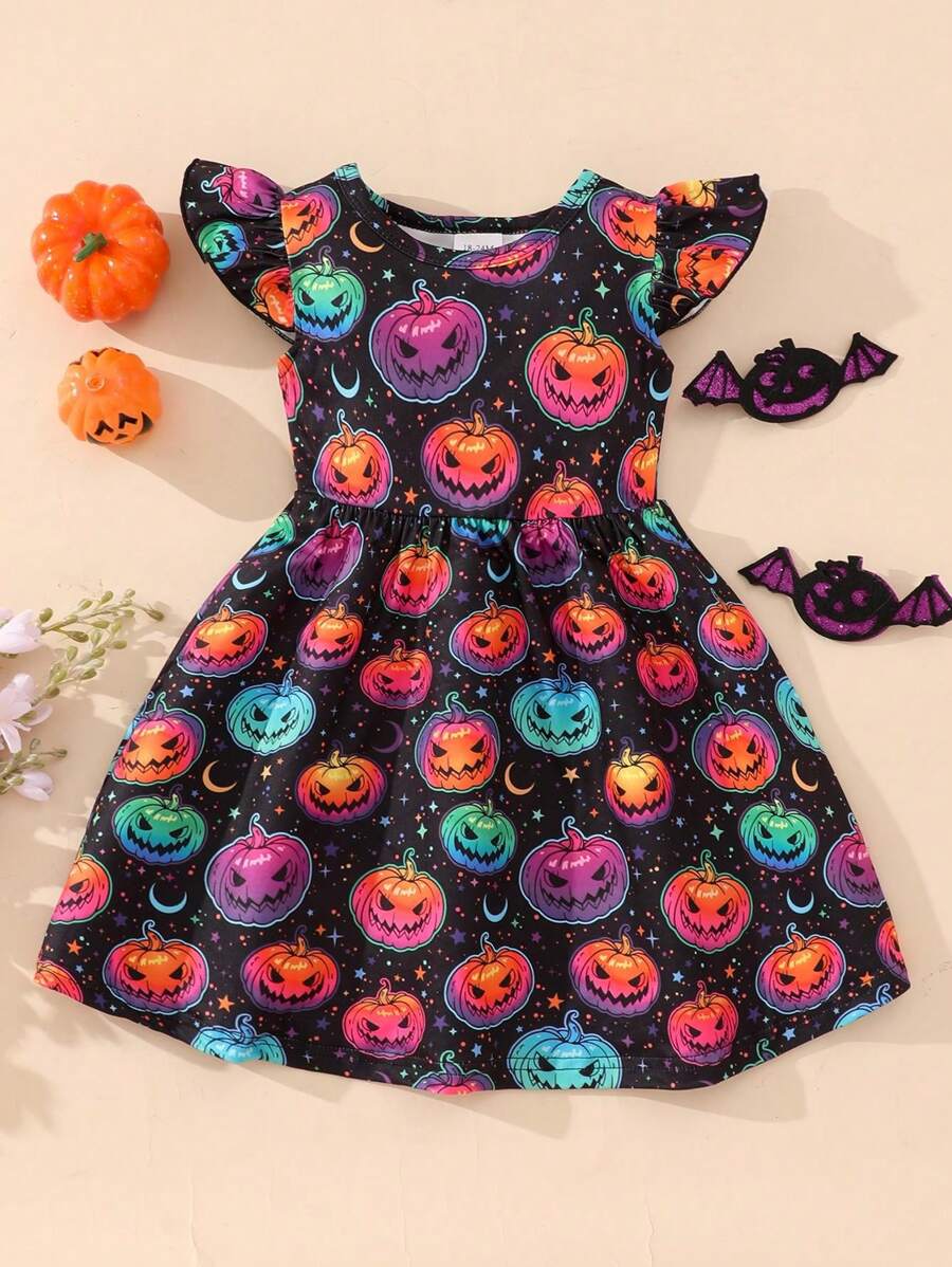 Jong meisje pompoen print kapmouw casual jurk, Halloween