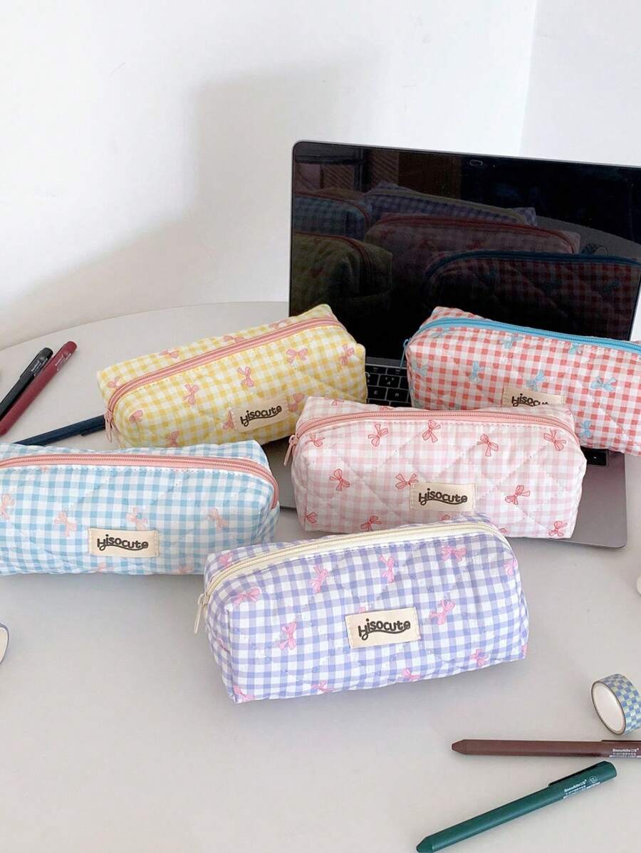 1 pieza Estuche de lápices con lazo y estampado a cuadros, estilo fresco, diseño coreano de vuelta a la escuela, útiles escolares, estuche de lápices, mochila escolar