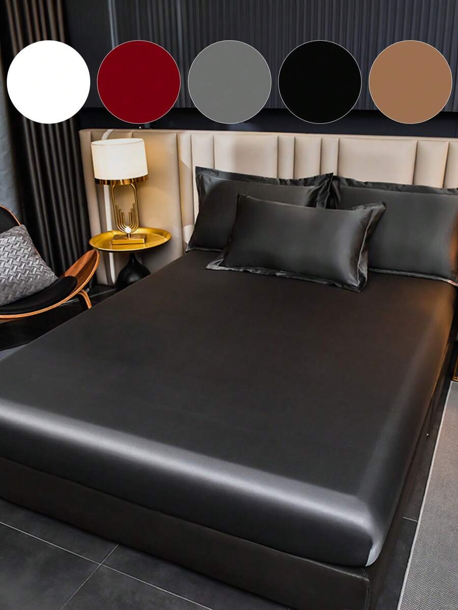 1pc Satin Bed Sheets, Bedding, Fitted Sheet, Skin-Friendly Mattress Cover, Bed Cover, Soft And Comfortable Bedding For Bedroom, Solid Color Mattress Protector, Bedspread For Bedroom, Deep Pocket Bed Sheet Without Pillowcase, Fits Twin, Full, Queen, King All Sizes Beds, Machine Washable, Home Textile, Bedding Gifts, Machine Washable
