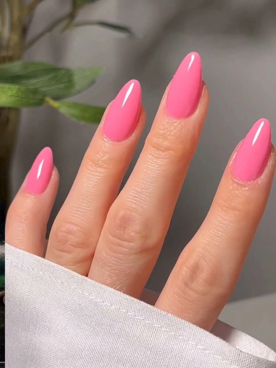 Uñas acrílicas en forma de almendra de color rosa intenso de verano, uñas postizas de longitud media para aplicar, juego de 24 piezas de uñas de gel rosa para mujeres