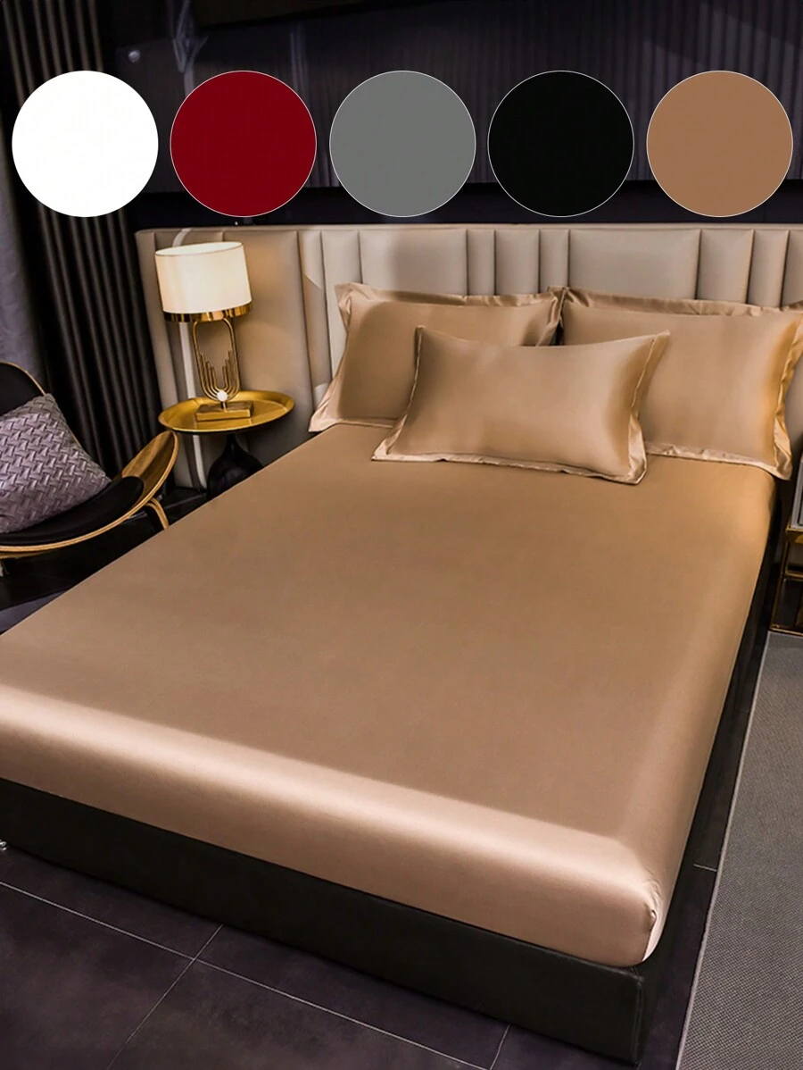 1pc Satin Bed Sheets, Bedding, Fitted Sheet, Skin-Friendly Mattress Cover, Bed Cover, Soft And Comfortable Bedding For Bedroom, Solid Color Mattress Protector, Bedspread For Bedroom, Deep Pocket Bed Sheet Without Pillowcase, Fits Twin, Full, Queen, King All Sizes Beds, Machine Washable, Home Textile, Bedding Gifts, Machine Washable