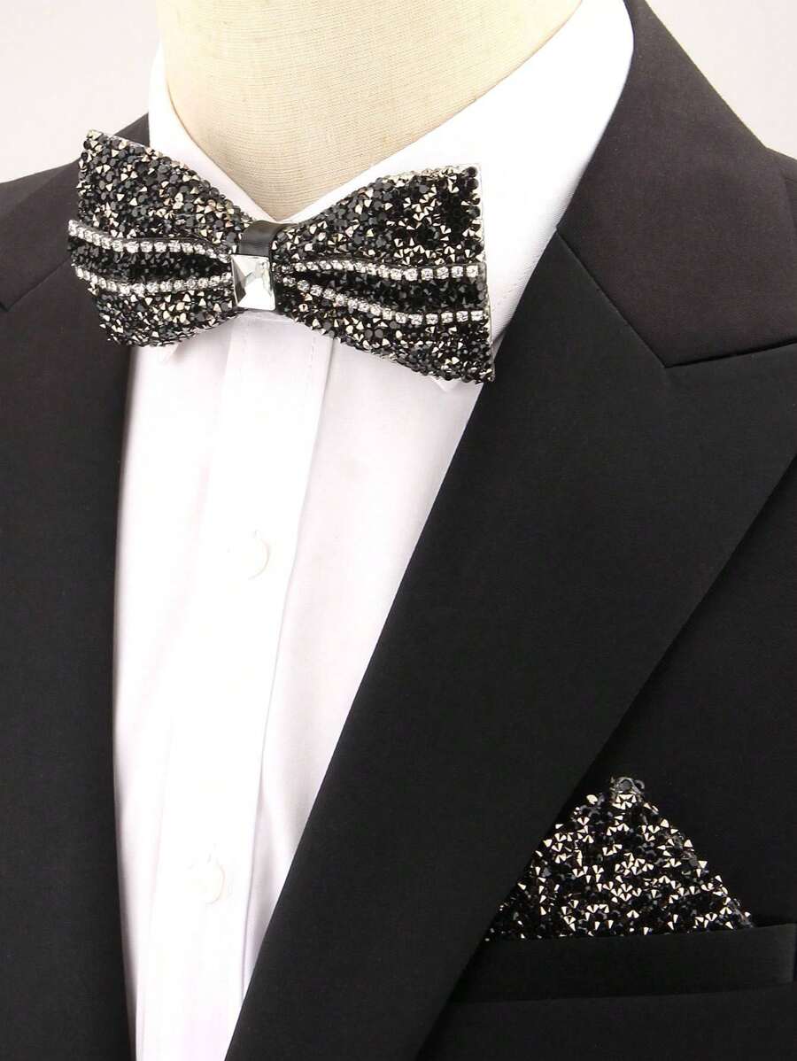 1 set Pajarita y pañuelo de bolsillo de unicolor de ABS (resina) con brillantes de strass para traje de otoño invierno boda fiesta cena actuación accesorio