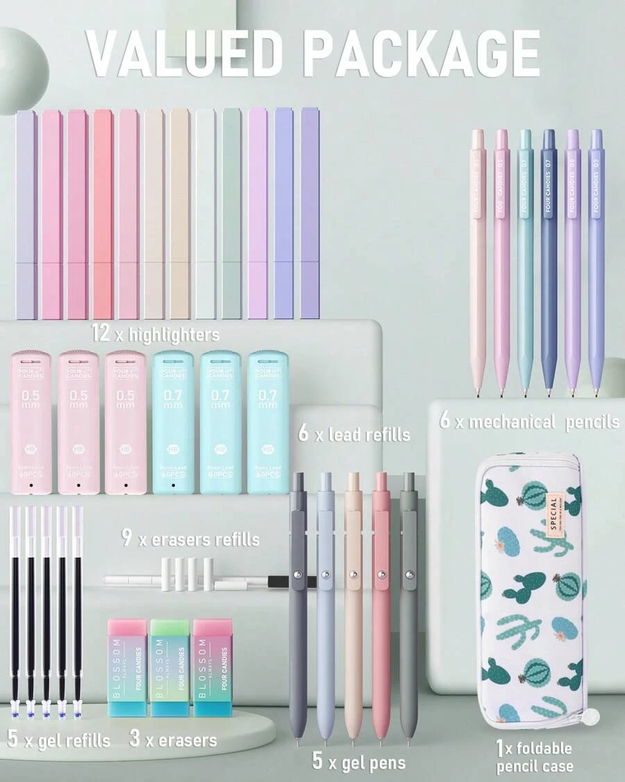 39 PCS Aesthetic School Supplies With Cute Pen Case, 12 Pastel Highlighters, 5 Black Ink Gel Pens, 6 Mechanical Pencils Set 0.5 & 0.7 Mm For Students Stationary College Essentials
