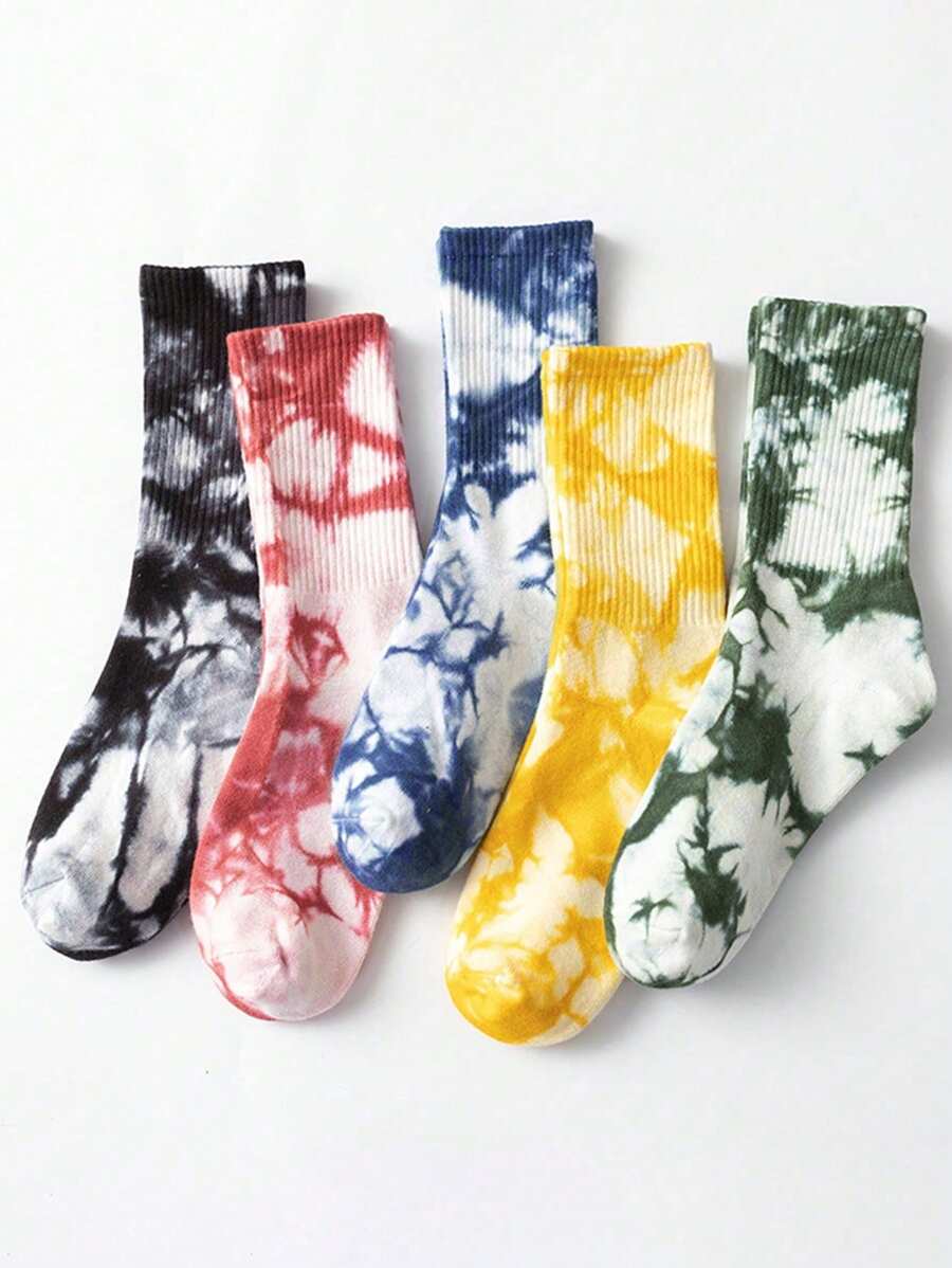 5pairs Women's Personality Street Style Sporty Tie Dye Mid Calf Socks