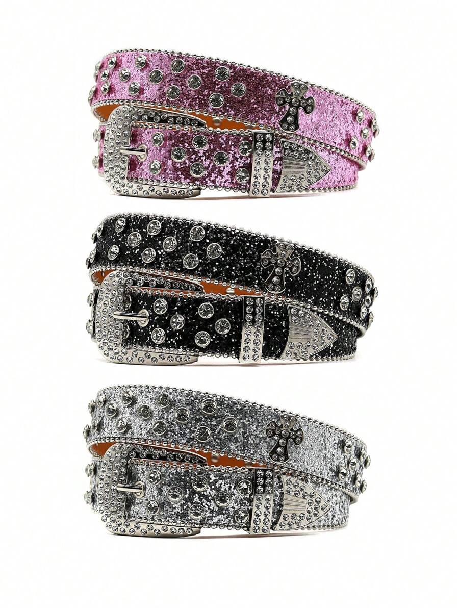 Y2K Rhinestone Cross Decor Wide Belt, Unisex Punk Rock Studded Rhinestone Hiphop Fashion Waistbelt