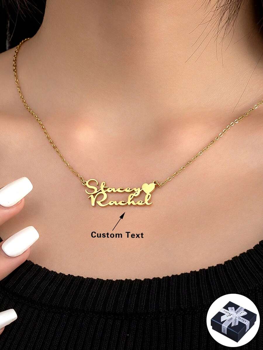 Stainless Steel Personalized Heart-Shaped Couples Name Necklace, Customized 2 Names Clavicle Chain Necklace, Gift For Valentine's Day, Anniversary, Mother's Day, Christmas, Halloween