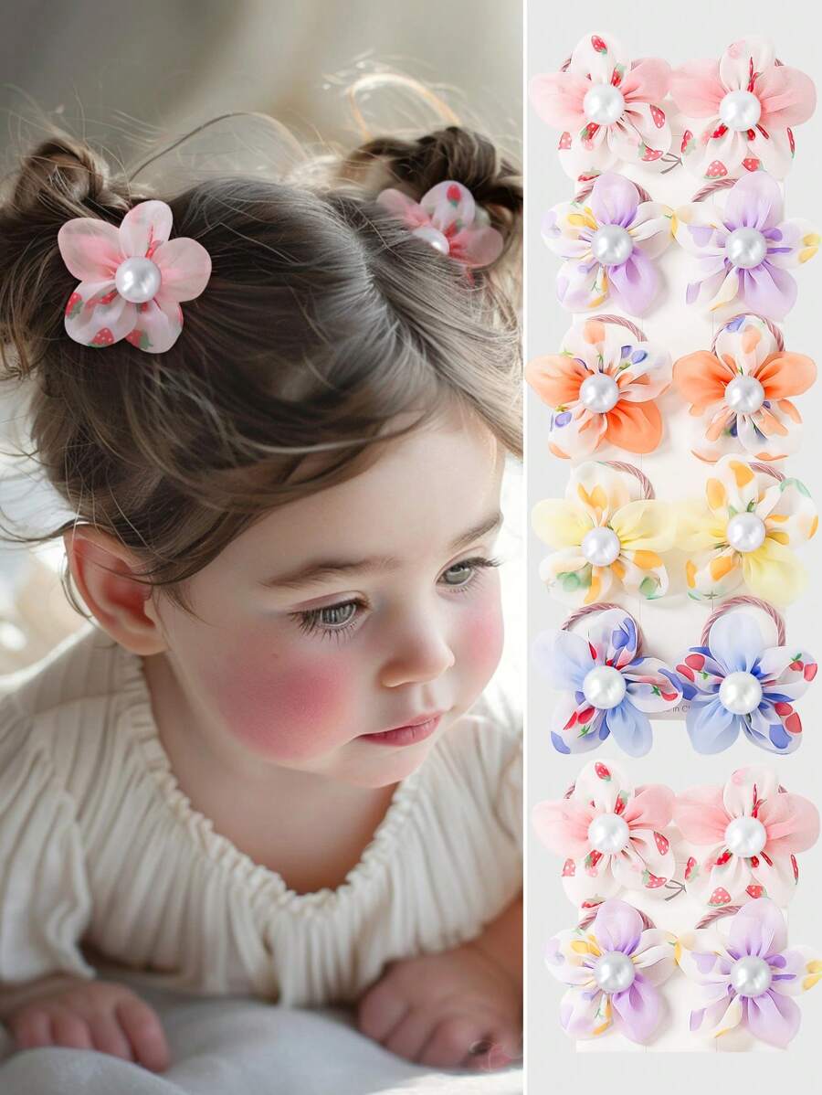 10pcs/Pack Baby Girls Cute Princess Flower Mesh Hair Scrunchies, Toddlers Non-Damaging Hair Ties Hair Accessories