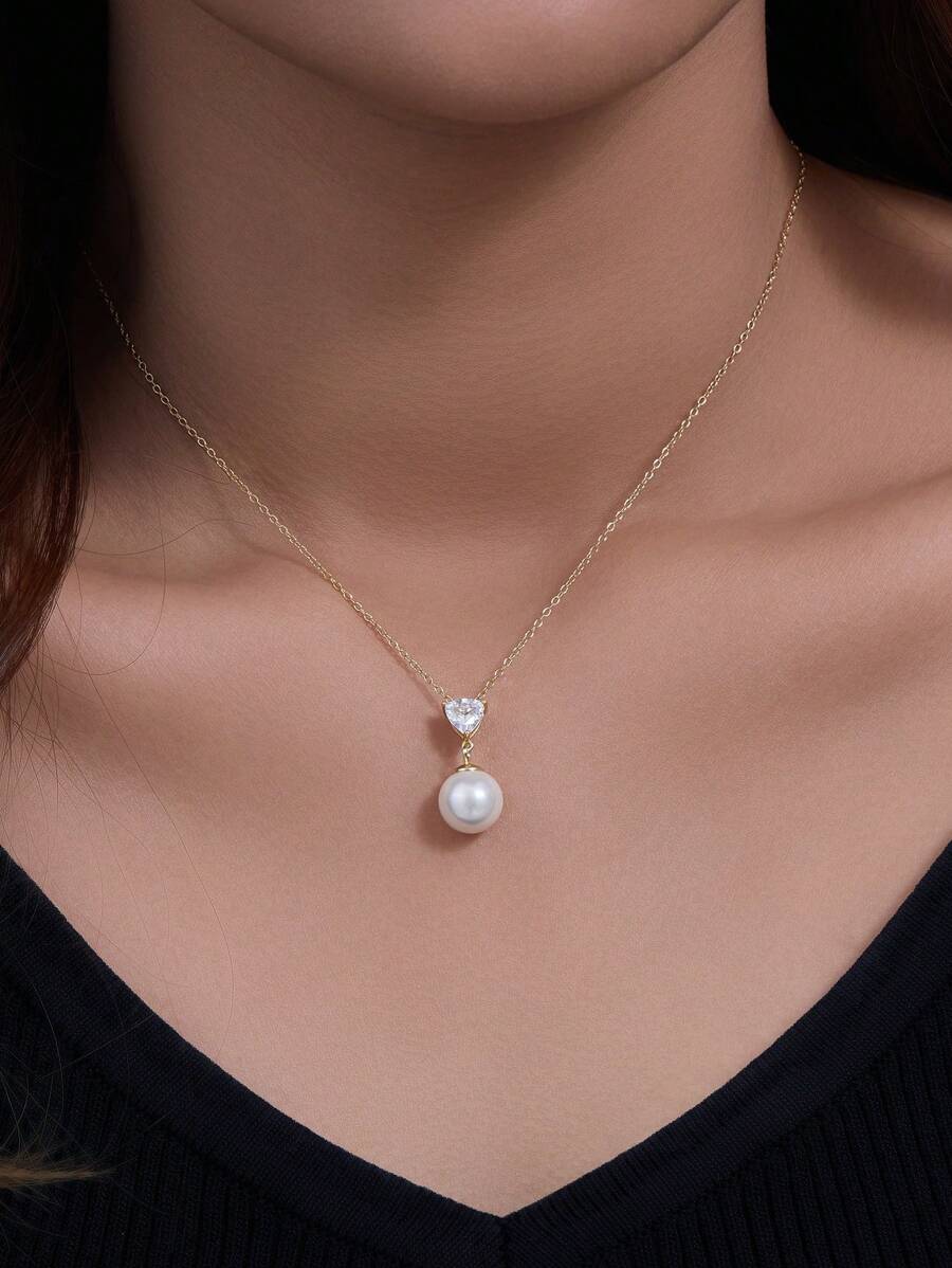 1pc S925 Sterling Silver Heart Shaped Necklace, With Zirconia And Pearl, Perfect For Wedding Or Simple Daily Wear, Silver Jewelry With Unique Design And Light Luxury INS