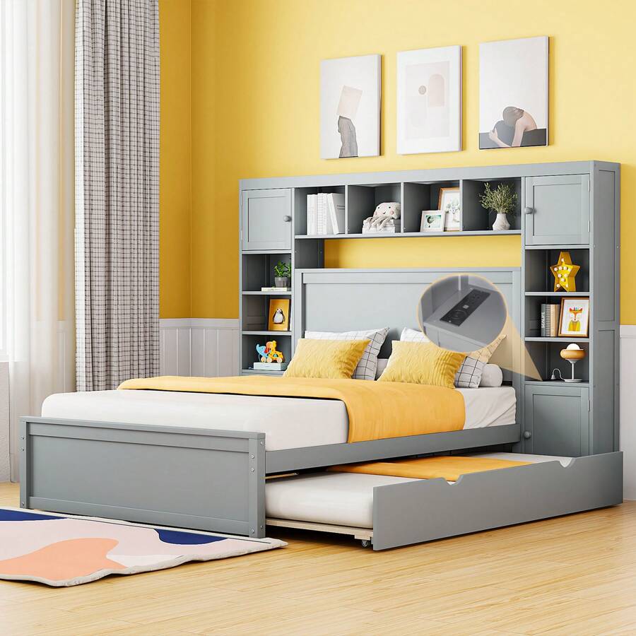 DlandHome 94'' Wood Bed, Solid Wood Bed With Multi-Functional Cabinets, Sockets, 4 Large Capacity Drawers Under The Bed, Full Storage Space