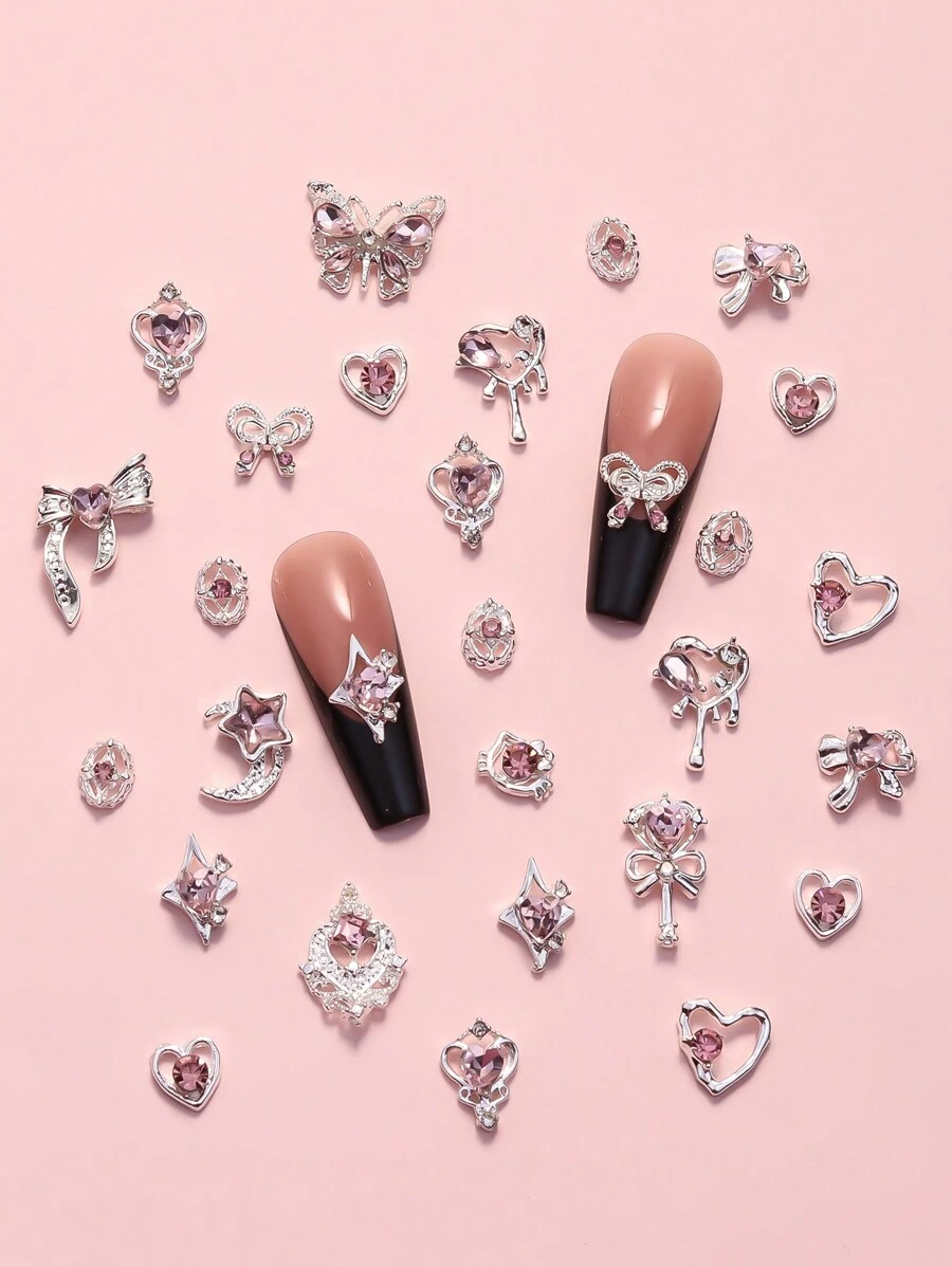 10pcs Assorted Alloy Bowknot, Heart, Moon Shape Rhinestone Nail Art Decorations