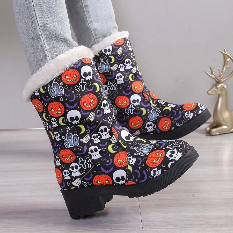 2024 Winter New Thick Sole Waterproof Anti-Slip Snow Boots, Mid-Calf Short Boots, Warm Plush Lined, Halloween Skull & Pumpkin Design