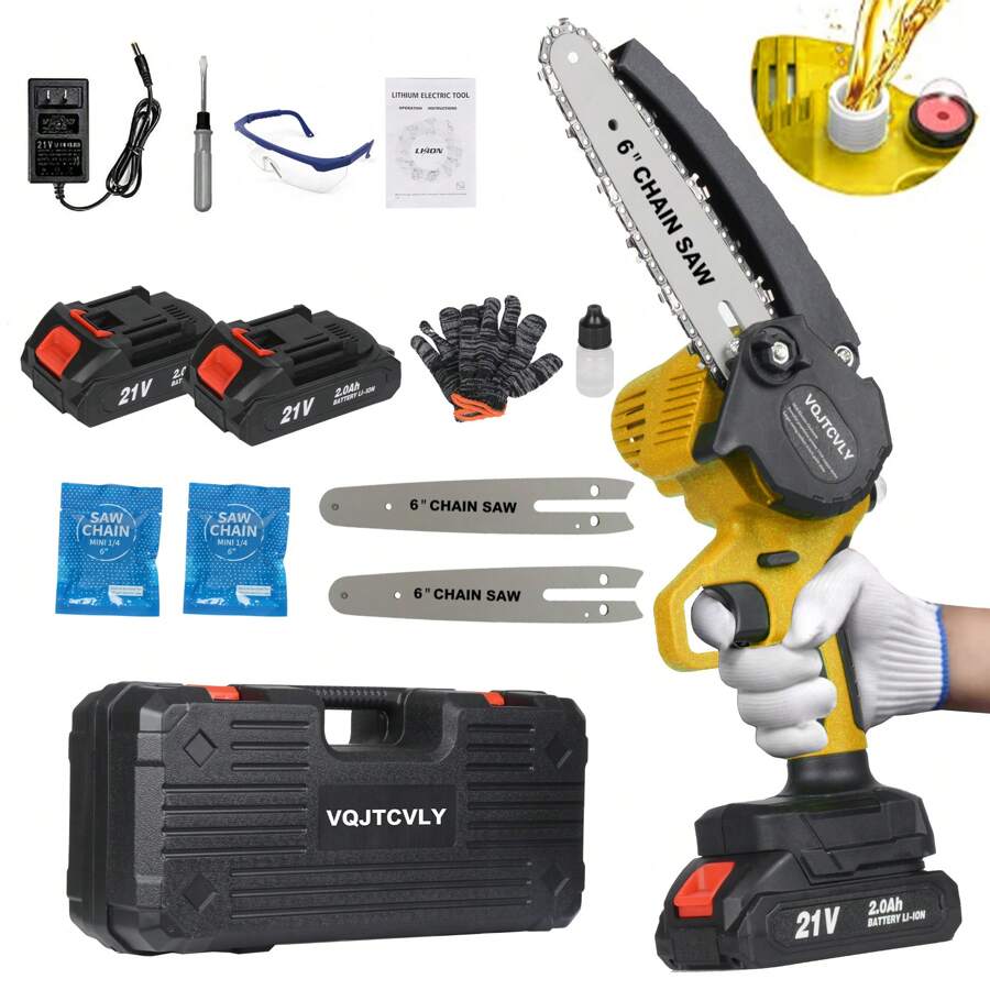 6 Inch Mini Chainsaw With 2x2000mAh Batteries And 2 Chains, Electric Cordless Chainsaw Set With Security Lock For Wood Cutting Tree Pruning Trimming, Yellow Tools