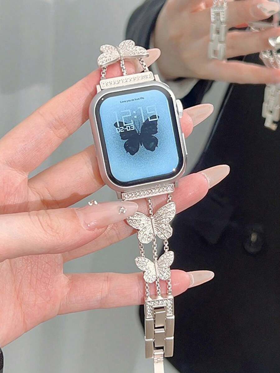 1pc Women's Starry Sky Color Crystal Butterfly Decorated Metal Apple Watch Band, 38/40/41/42/44/45/49mm Compatible With Apple Watch Series Ultra/SE/S9/S8/S7/S6/S5/S4/S3/S2/S1, All Season Stylish