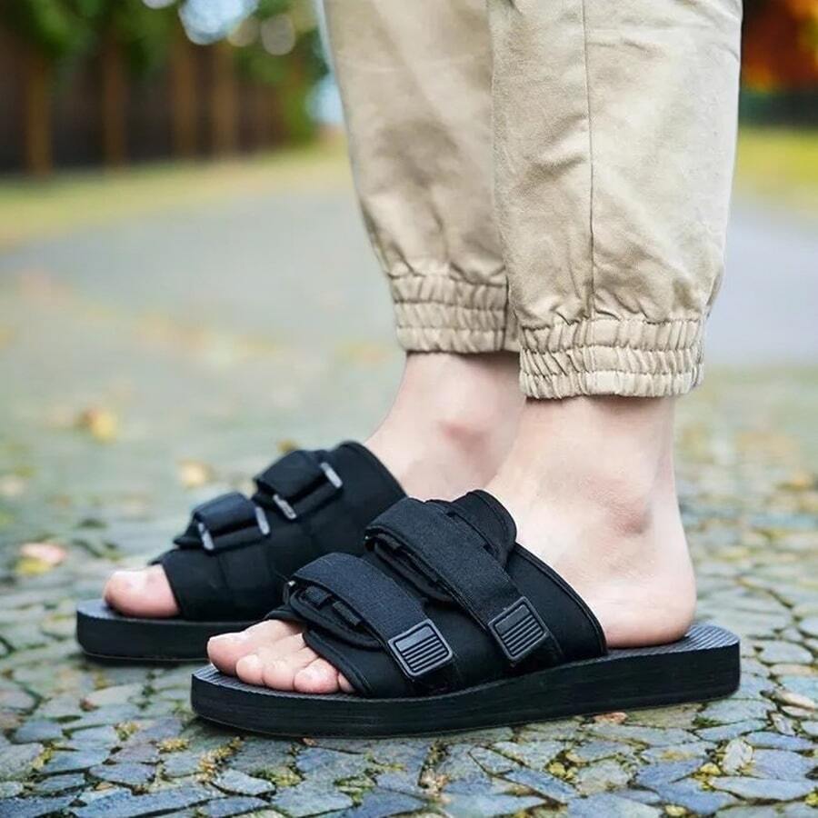 Men's Fashionable Hook Buckle Canvas Slip-On Adjustable Slippers, Casual Couple Beach Sandals For Indoor/Outdoor Wear