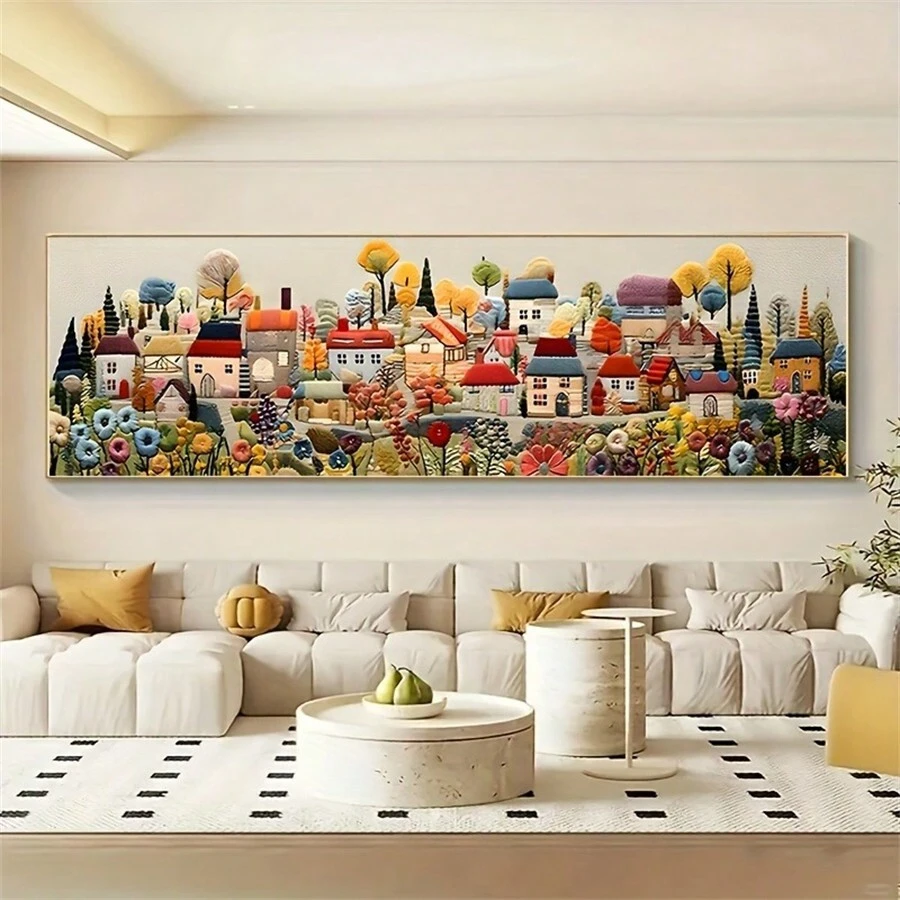 1 pièce Affiche sur canevas, Impression artistique sur canevas de ville de conte de fées - Décoration murale de style crème moderne pour salon, chambre à coucher, bureau à domicile - Peinture horizontale sans cadre Tableau mural Décoration à domicile