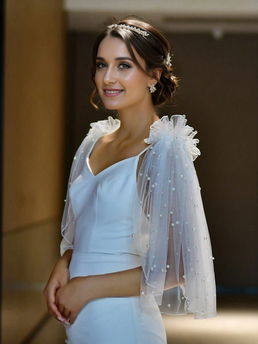 1 Pair Short Pearl Bridal Shawl, Fashionable White Pearl Shoulder Cape For Women, Suitable For Party, Wedding, Banquet