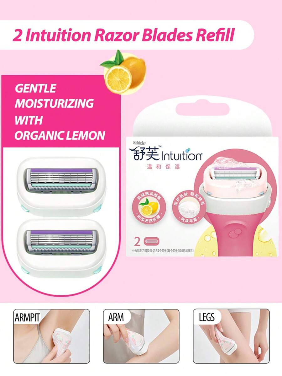 Schick Intuition Lemon Berry Breeze Razors For Women | 2 ostrza Intuition Razor Blades Refill With Organic Lemon, produkty do włosów i akcesoria do salonu fryzjerskiego Beauty Travel Essentials