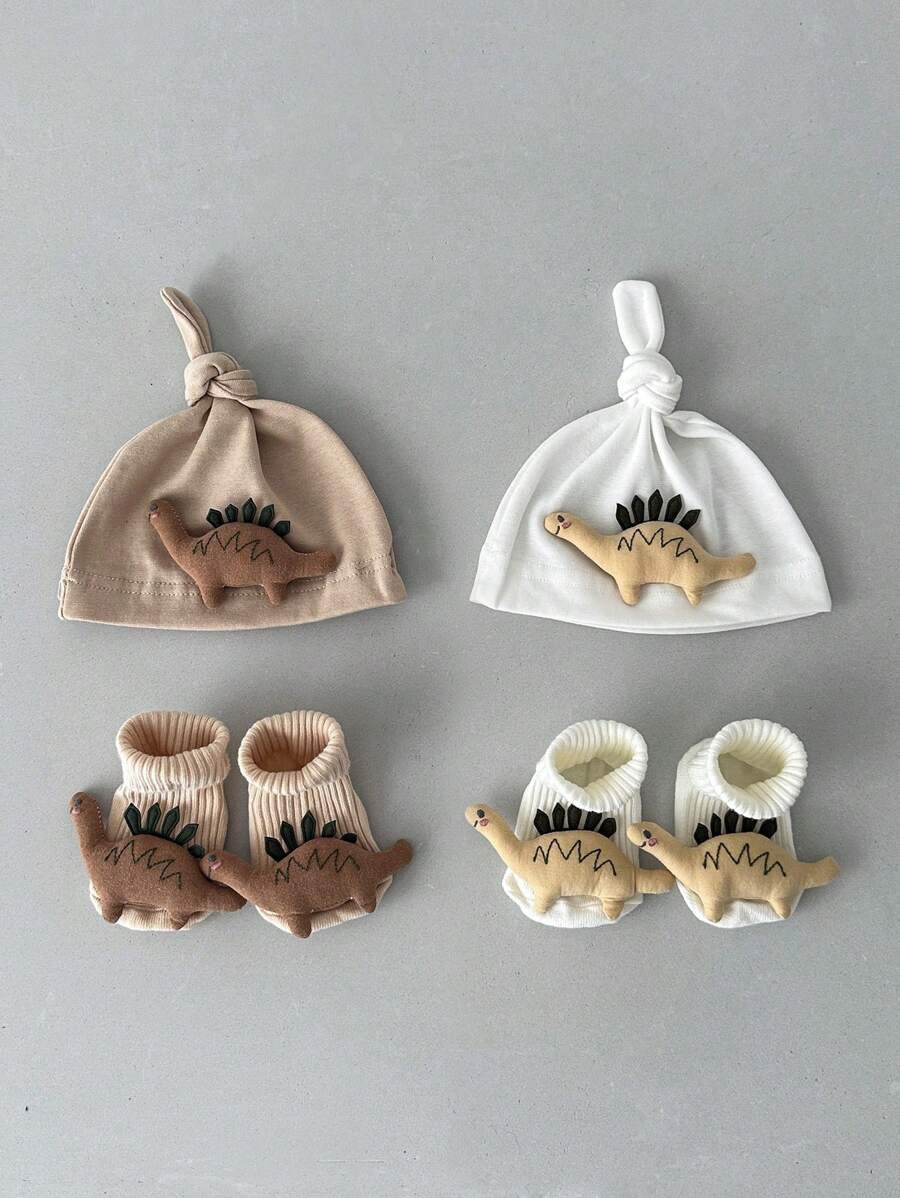 1 conjunto Gorro de Bebê Recém-Nascido com Impressão Fofa de Dinossauro, Combo de Meias, Primavera Outono