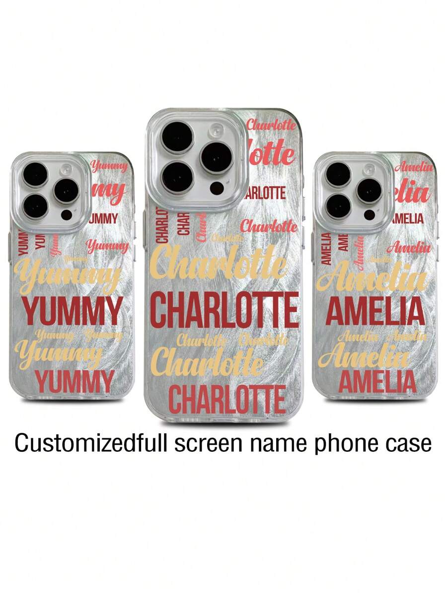 1pc Customized Text/Name Feather Mesh Lens Protection Phone Case Compatible With IPhone 16/15/14/13/12/11 Pro Max