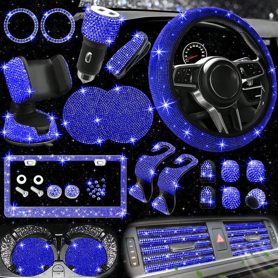 27pcs Bling Car Accessories Set For Women, Bling Steering Wheel Covers Universal Fit 15 Inch, Bling License Plate Frame, Phone Holder, Car Coasters
