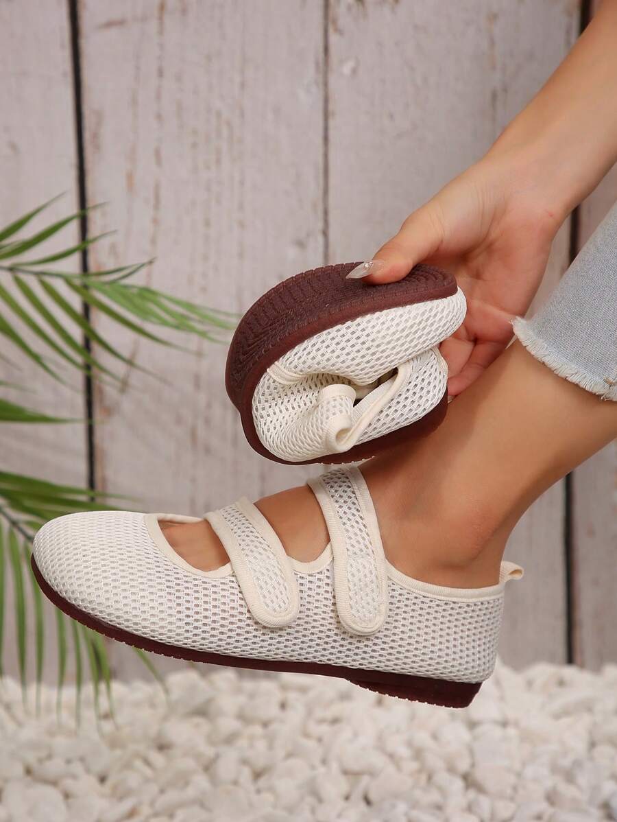 Cómodos zapatos para mujeres antideslizantes, de punta cerrada, tacón plano, transpirables de malla sólida sin cordones, para usar en interiores y exteriores