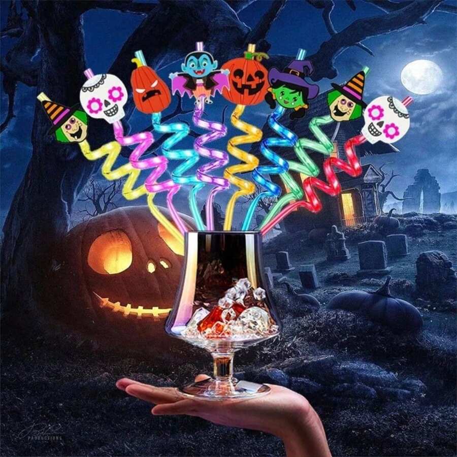 8/10 piezas Pajitas de plástico reutilizables para Halloween con diseños de calabaza, murciélago, telaraña y esqueleto, decoración para fiestas de cumpleaños y Halloween, para uso en exteriores y campamentos