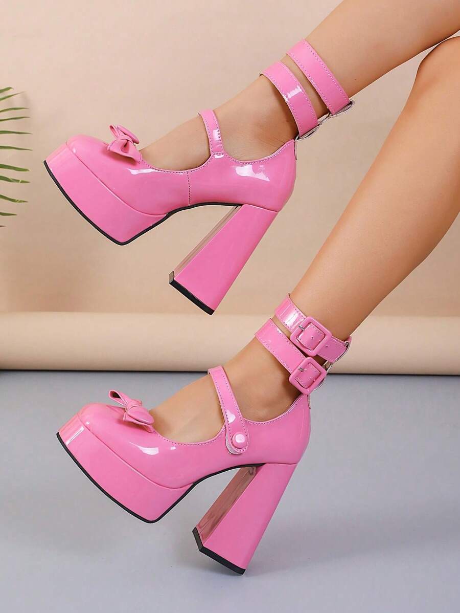 12cm Women Bowknot High Heels Shoes New Double Buckle Low Vamp Round Toe Fairy Style Chunky Heels