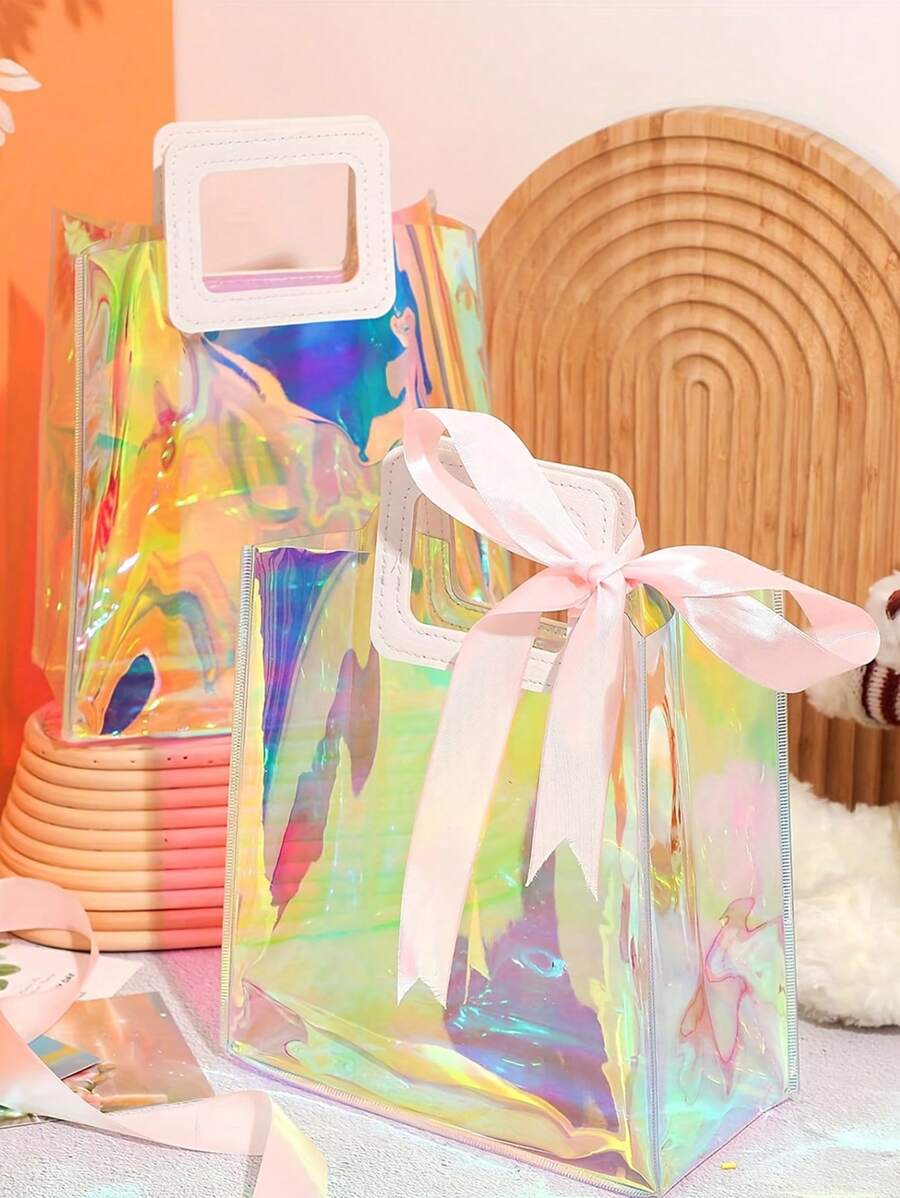 Colorful Clear Laser Bag With Handles, Holographic Small Gift Bag Clear Birthday Gift Bags For Women Wedding Gift Bags , Shopping Bag, Party Gift Bag, Craft Tote Bag, Party Favors, Party Gift Decor - Reusable, Foldable, Easy To Clean