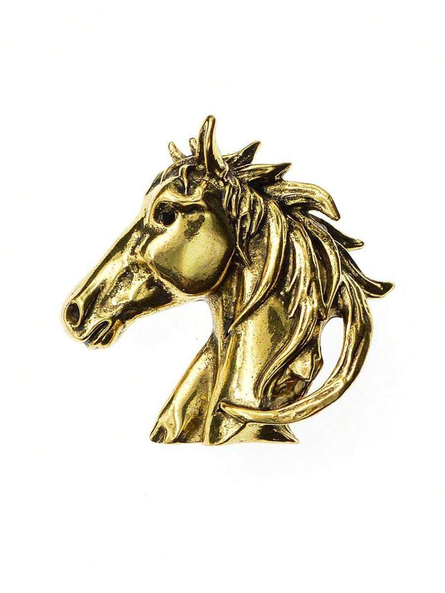 1 pieza Broche Vintage Retro de cabeza de caballo de metal dorado, Pasador de solapa de estilo europeo y estadounidense unisex con diseño de animal