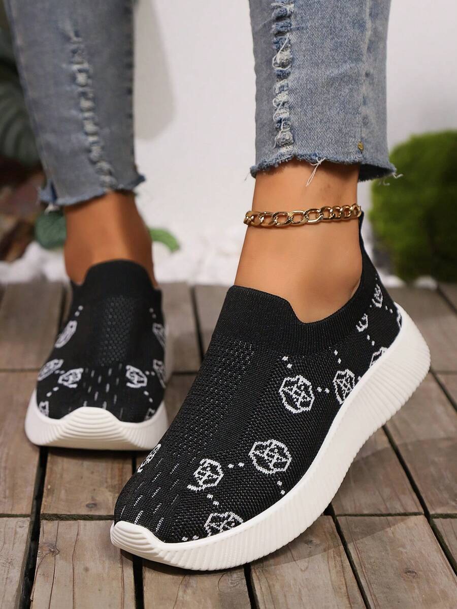 Plus Size Women's Casual New Knitted Slip-On Comfortable Printed Design Elastic Band Casual Sports Shoes