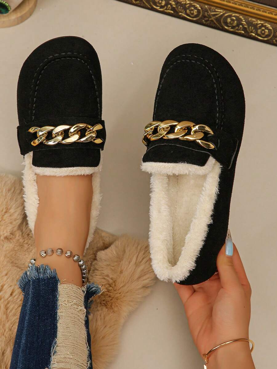 1 Pair Women's Autumn Winter New Warm Snow Boots, Lightweight Anti-Slip Fashion Versatile Chain Slip-On Black Warm Mother Shoes