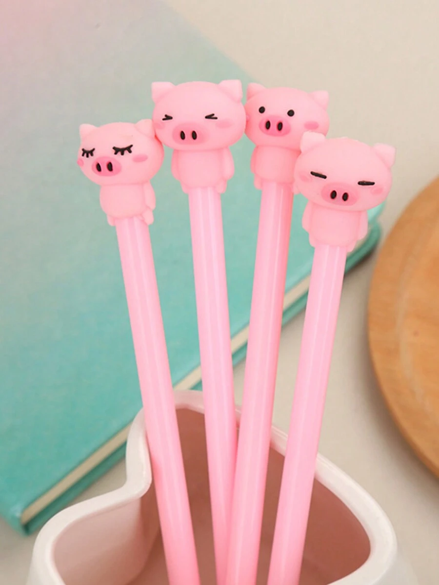 4pcs Creative Stationery Pink Pig Gel Pens, Cartoon Girl Style Water-Based Ink Pens For Study, Office & Signature, Smooth Writing, Refillable, Comfortable Grip