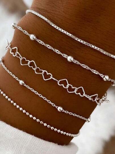 5pcs/Set Minimalist Metal Beads & Chain Bracelet Set, Silver & Gold Color, Suitable For Women Daily/Vacation Wear