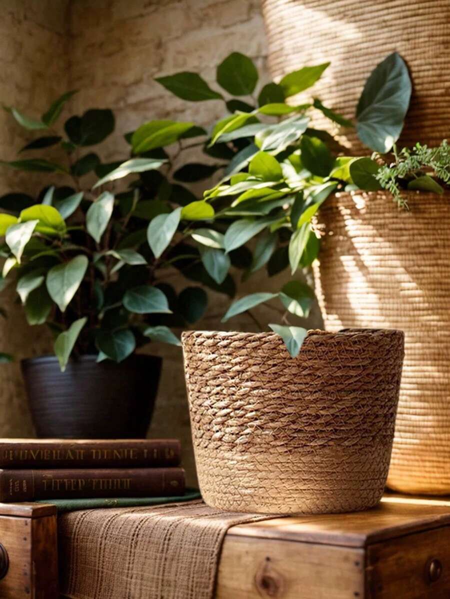 1pc Woven Seagrass Plant Basket, Indoor Woven Flower Pot, Indoor Outdoor Garden Decor, Woven Planter Basket For Potted Greenery
